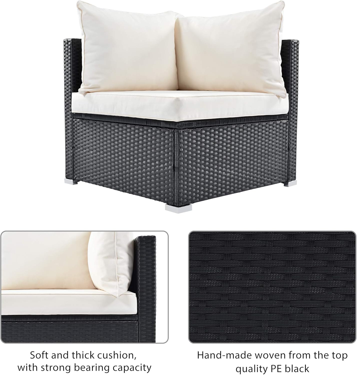 Close-up of a corner chair cushion and the hand-woven PE rattan texture.