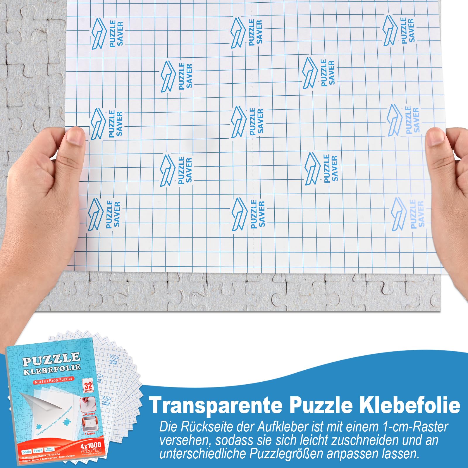 Faburo Puzzle folia samoprzylepna, 32 sztuki, super klej do puzzli, 4 x 1000 elementów / 8 x 500 części, 20 x 29 cm, folia samoprzylepna przezroczysta dla dzieci i dorosłych, do puzzli, przezroczysta