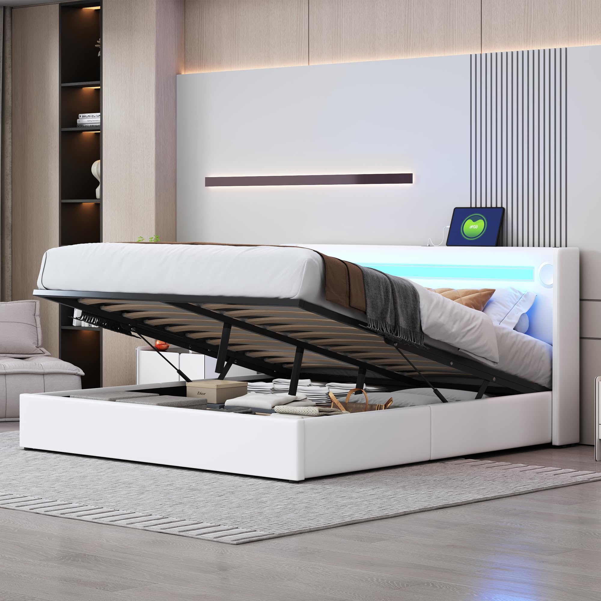 Merax Cama tapizada de 160 x 200 cm con tiras de luz LED, espacio de almacenamiento doble con reproductor Bluetooth y carga USB, para jóvenes y adultos, piel sintética blanca (sin colchón)