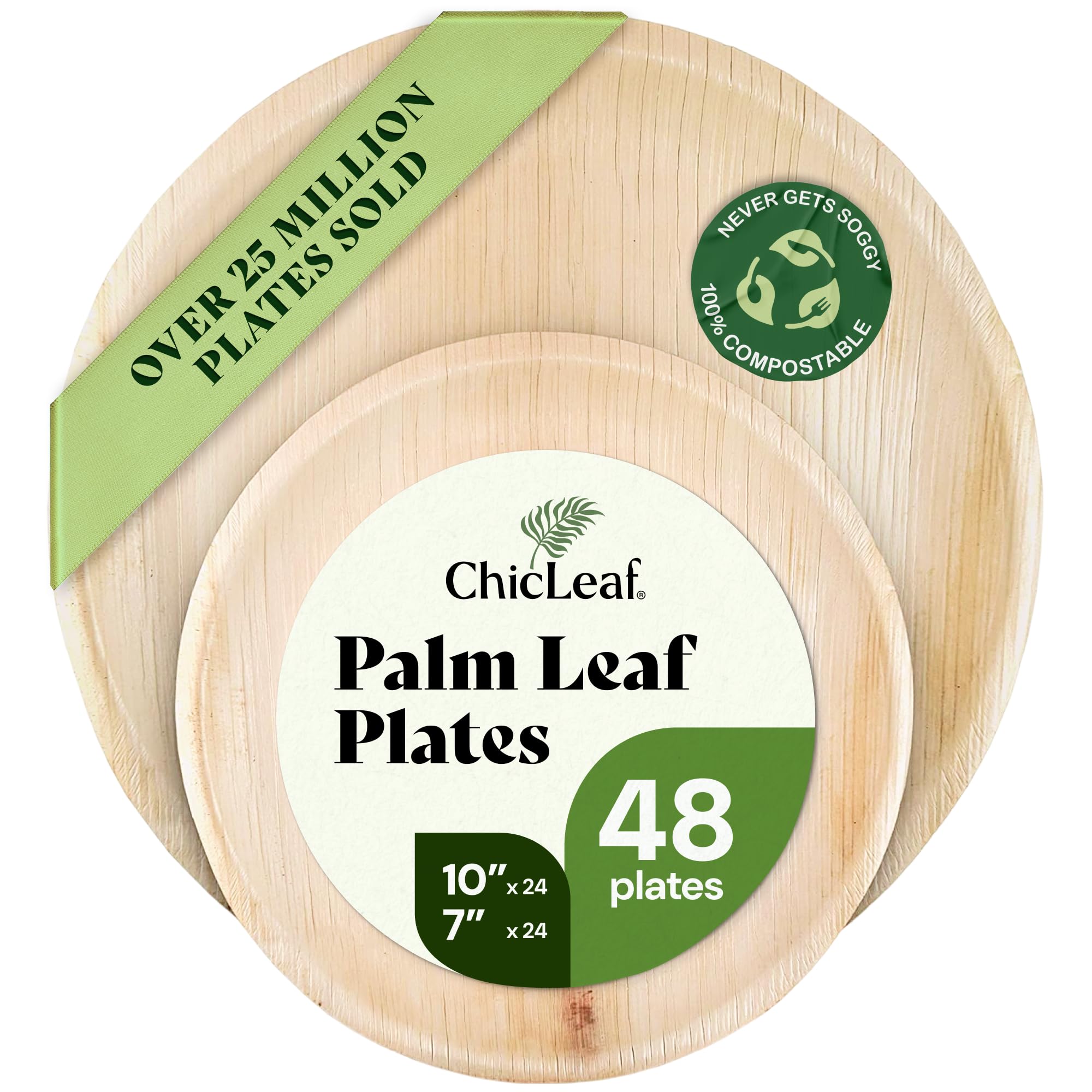 chic leaf round palm leaf plates - 10-inch & 7-inch, pack of 48 - compostable disposable bamboo plates for parties
