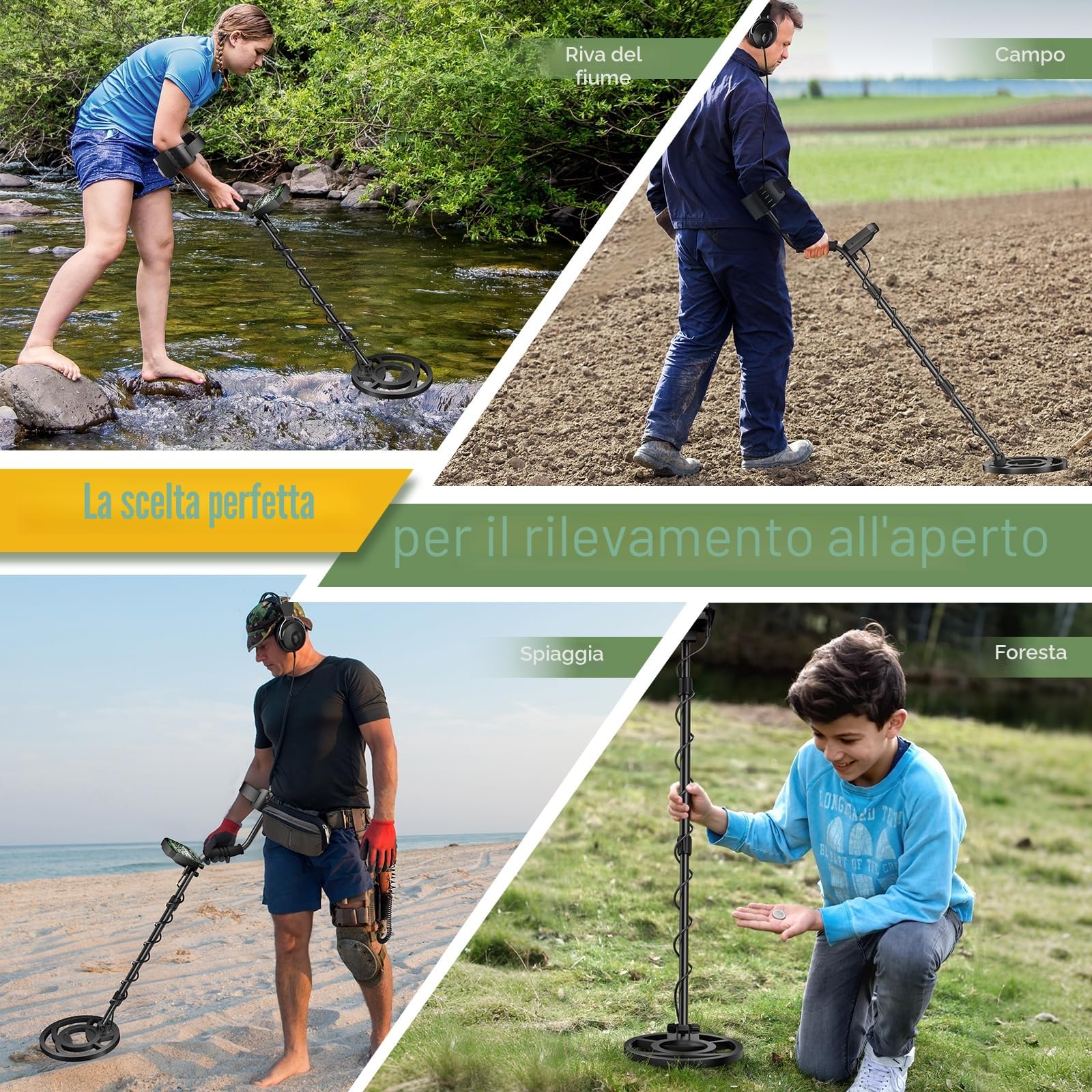 Metal Detector professionale per adulti e bambini, chip anti-interferenza, IP68, impermeabile, supporta batteria e alimentazione USB, 5 modalità di rilevazione (Verde)