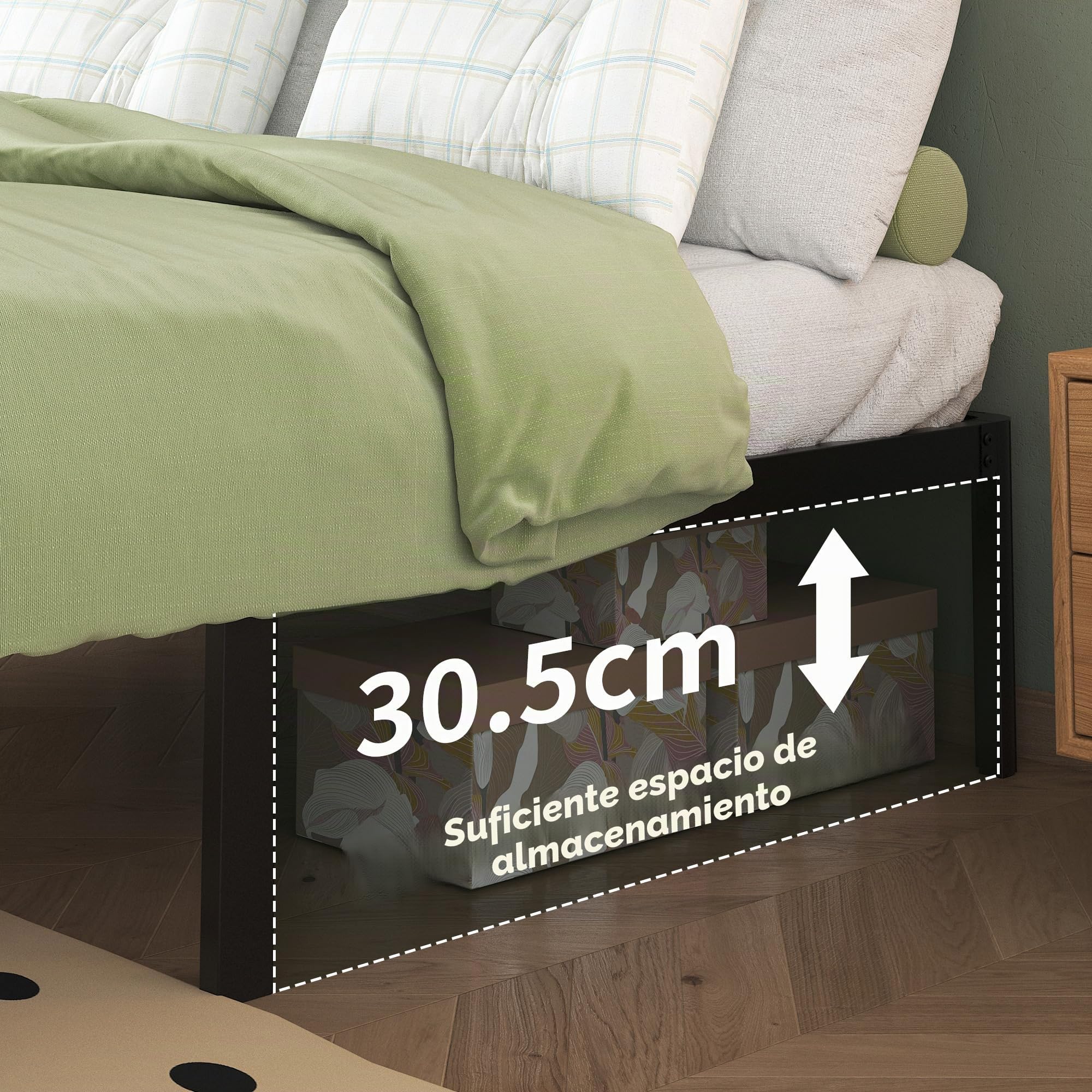 Lutown-Teen Cama de Metal de 160 x 200 cm con Patas Redondas, 36 cm de Altura, Marco de Cama con somier de láminas de Metal, Negro