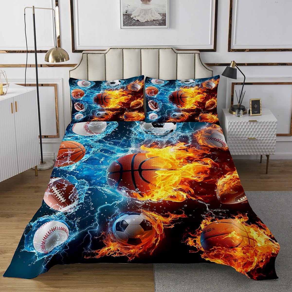 jejeloiu Basketball Bedspread Twin Size Kids Football Quilted Coverlet for Boys Teens Baseball Rugby Sports Gaming Sports Ball Lover Coverlet Set Ice and Fire Quilted Room Decor