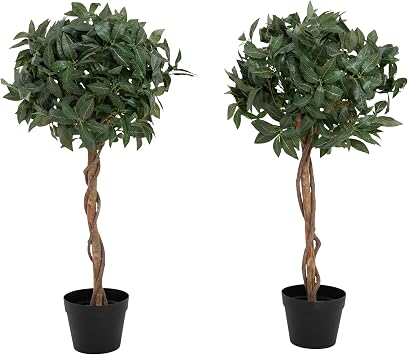 Blooming Artificial Bay Tree Pair - UV & Water Resistant Artificial Plant in Pot for Front Door, Porch & Patio, Braided Natural Wood Stems 90cm, 2 Pack