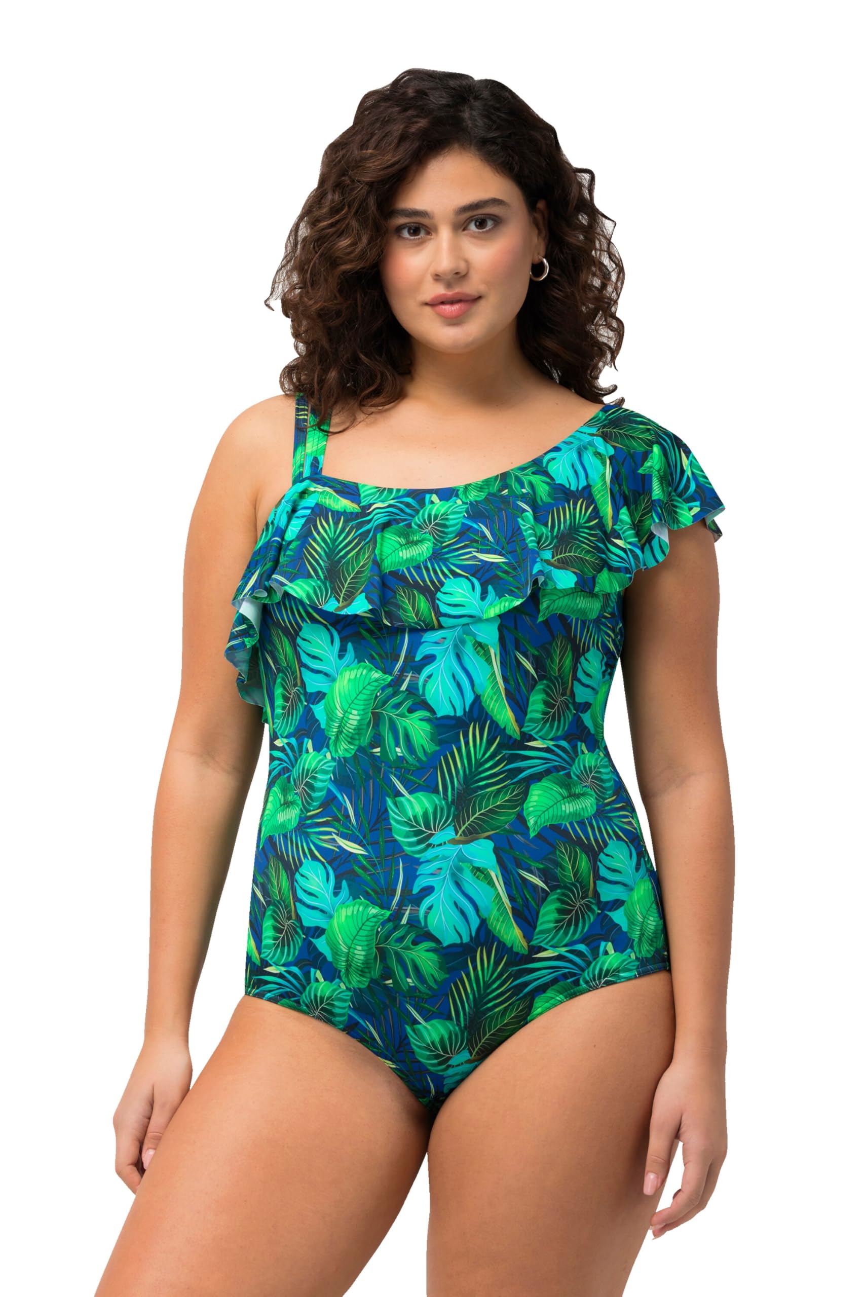 Ulla Popken Damen, Dschungel, Softcups, Volant, Geteilter Träger Badeanzug One-Shoulder