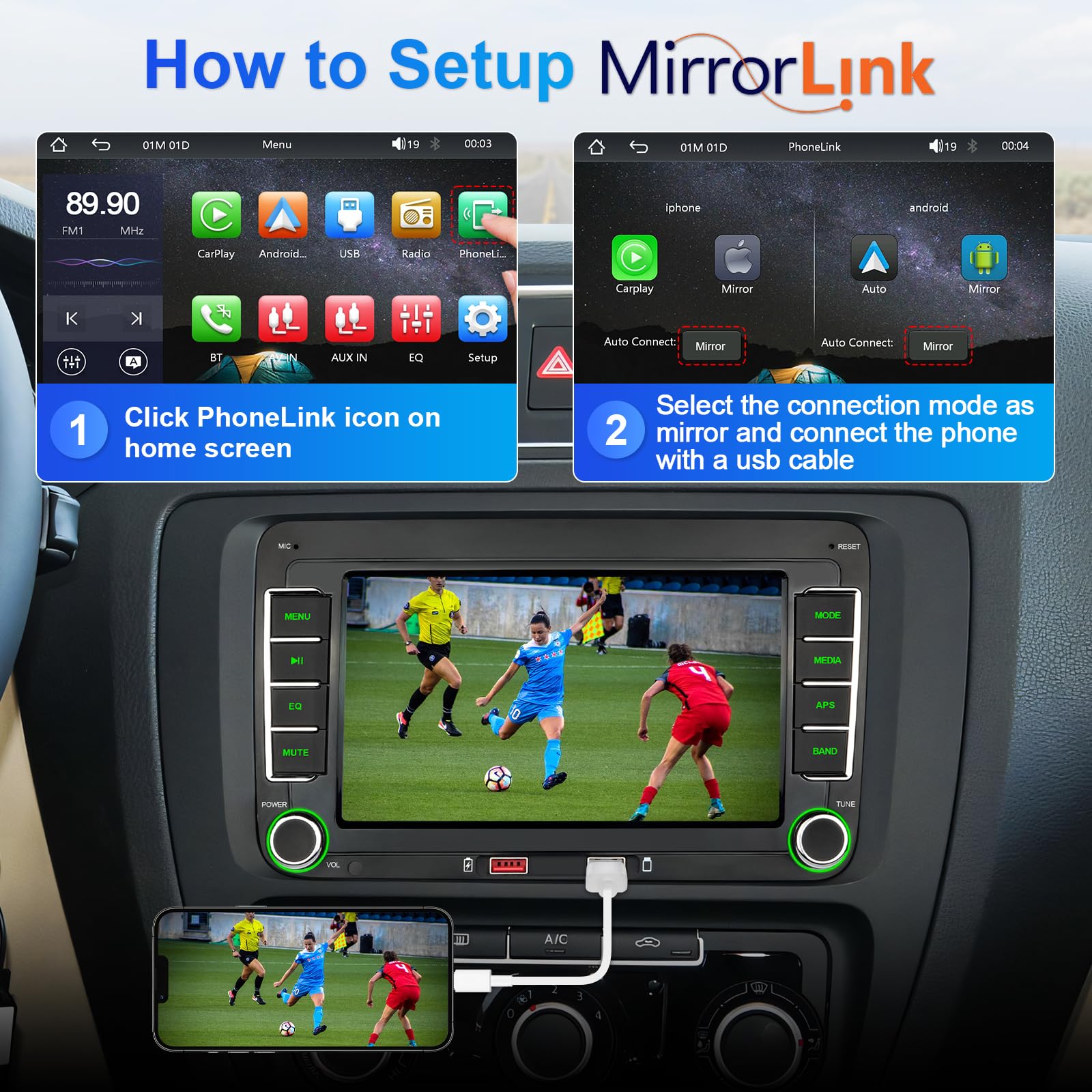 Autoradio mit Navi Bildschirm für VW Golf 5/6 Seat Passat Sharan Tiguan,7 Zoll Golf Radio mit Apple CarPlay & Android Auto Mirrorlink, VW Polo T5 Caddy Radio Bluetooth GPS SWC EQ USB FM, Linux