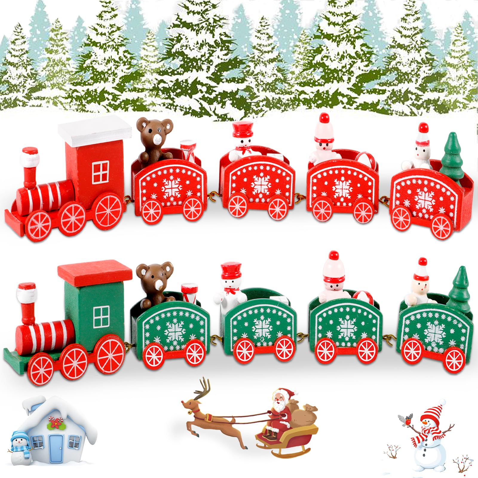 ZQEJEFD 2 Piezas Pequeño Tren Navideño de Madera con 4 Vagónes Variados, Mini Tren Madera de Navidad, Tren de Navidad de Madera para Decoración Regalos Navideños Mesa Escaparate (Rojo+Verde)