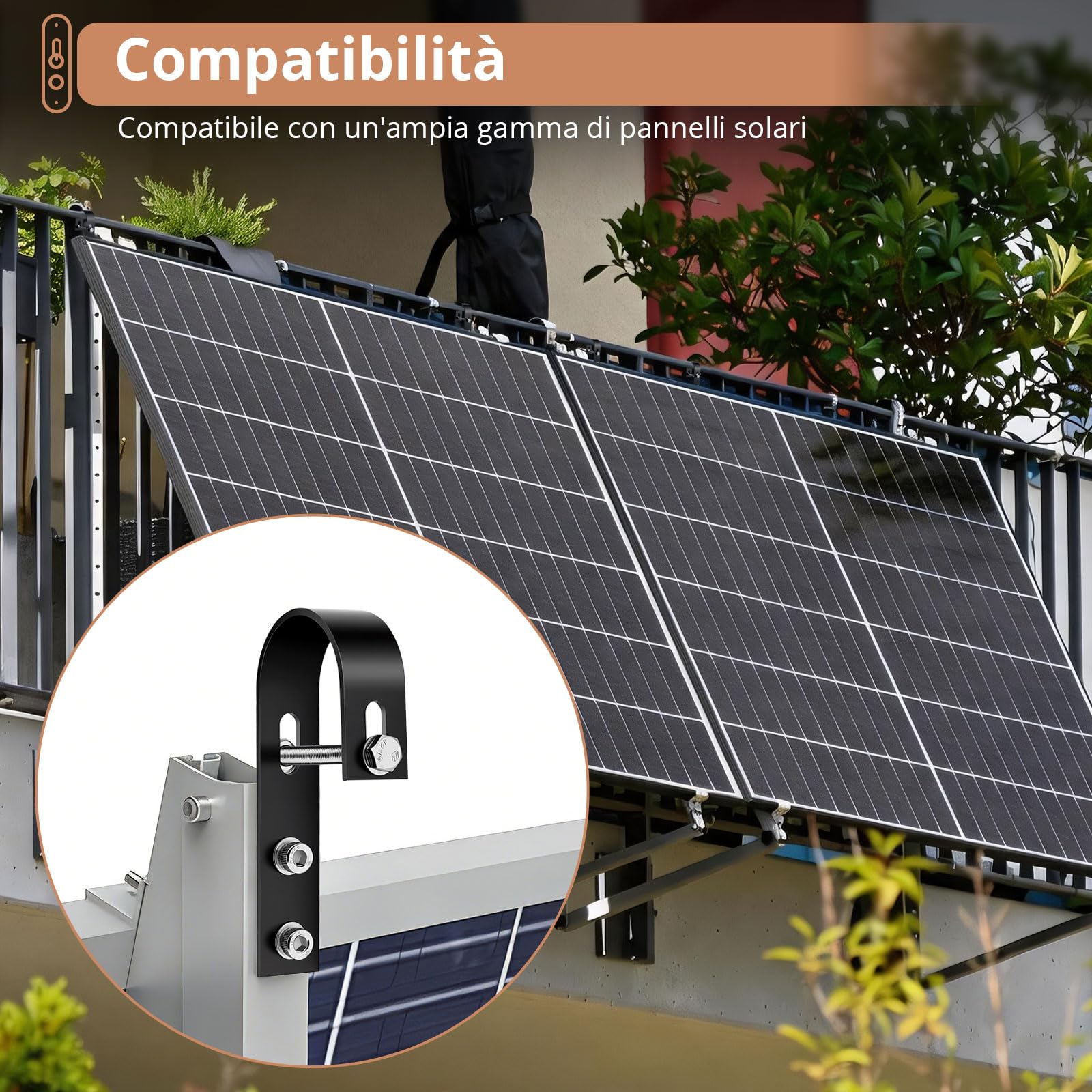 Kamtop 8 Ganci Solari Balcone In Acciaio Inox 304 Per Moduli Solari | Kit Ganci Solari Inox 304 Con Accessori Completi Per Installazione Pannelli Fotovoltaici Su Ringhiere