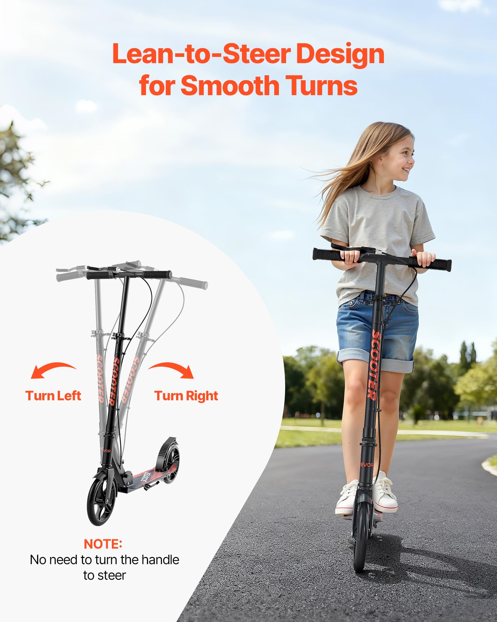 VEVOR Patinete para Niños a Partir de 8 Años, 2 Ruedas, con Manillar Regulable en Altura y Base Antideslizante, Freno de Mano, Marco de Aleación Aluminio, hasta 100 kg, Negro, 900 x 380 x 1000 mm