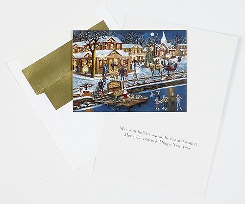 Miniatura 3 de Caja de tarjetas navideñas de pueblo navideño, 15 tarjetas y 16 sobres de papel de aluminio
