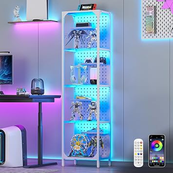 kepptory LED Display Shelf for Collectibles, 4-Tier Glass Shelf with Small Display Shelves and Pegboard Design, Tall Narrow Gaming Shelves with Anti-Tipping Device, White59 Inch