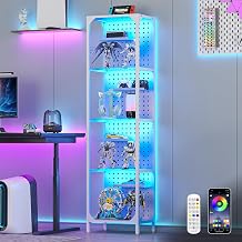 kepptory LED Display Shelf for Collectibles, 4-Tier Glass Shelf with Small Display Shelves and Pegboard Design, Tall Narrow Gaming Shelves with Anti-Tipping Device, White59 Inch
