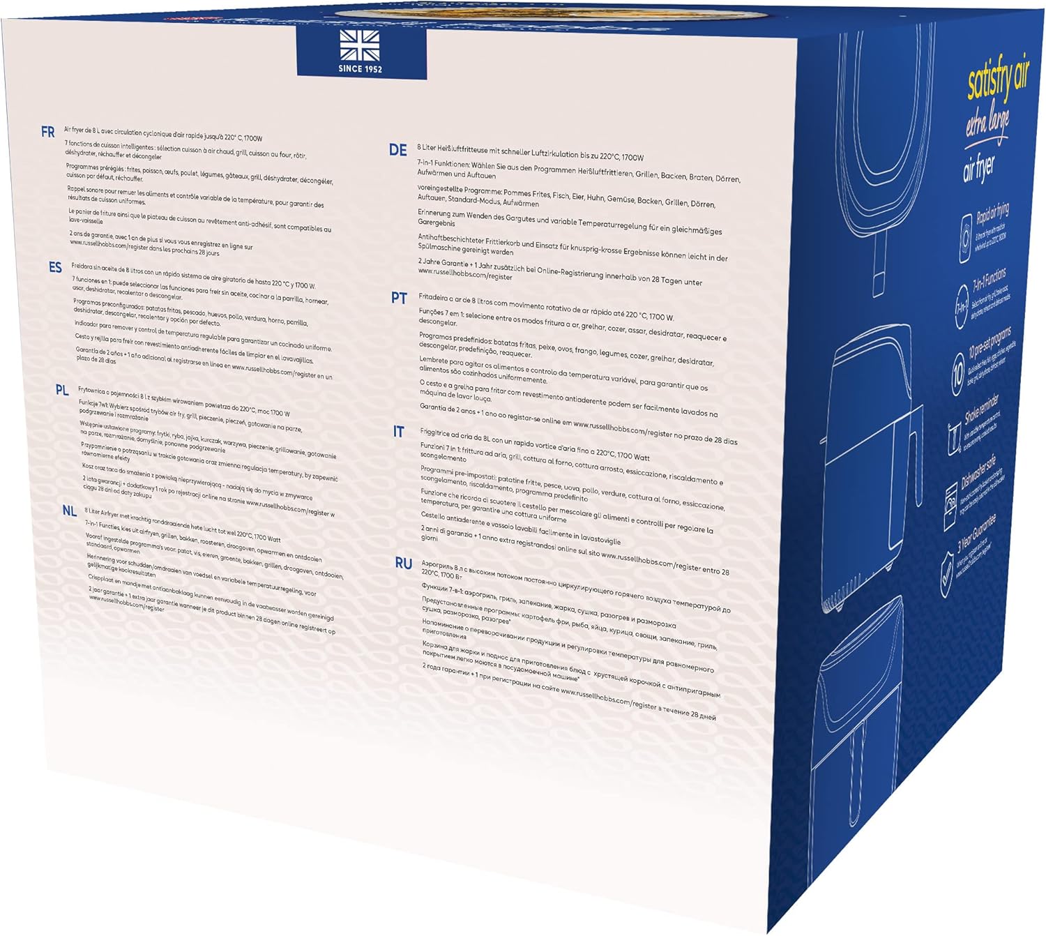 Russell Hobbs Friggitrice ad Aria XXL 8 l, 7 Funzioni Cottura: Griglia, Arrostisce, Disidrata etc. 10 Programmi, Lavastoviglie ok, Display Touch, Fino a 220°C, AirFryer Satisfry 27170-56
