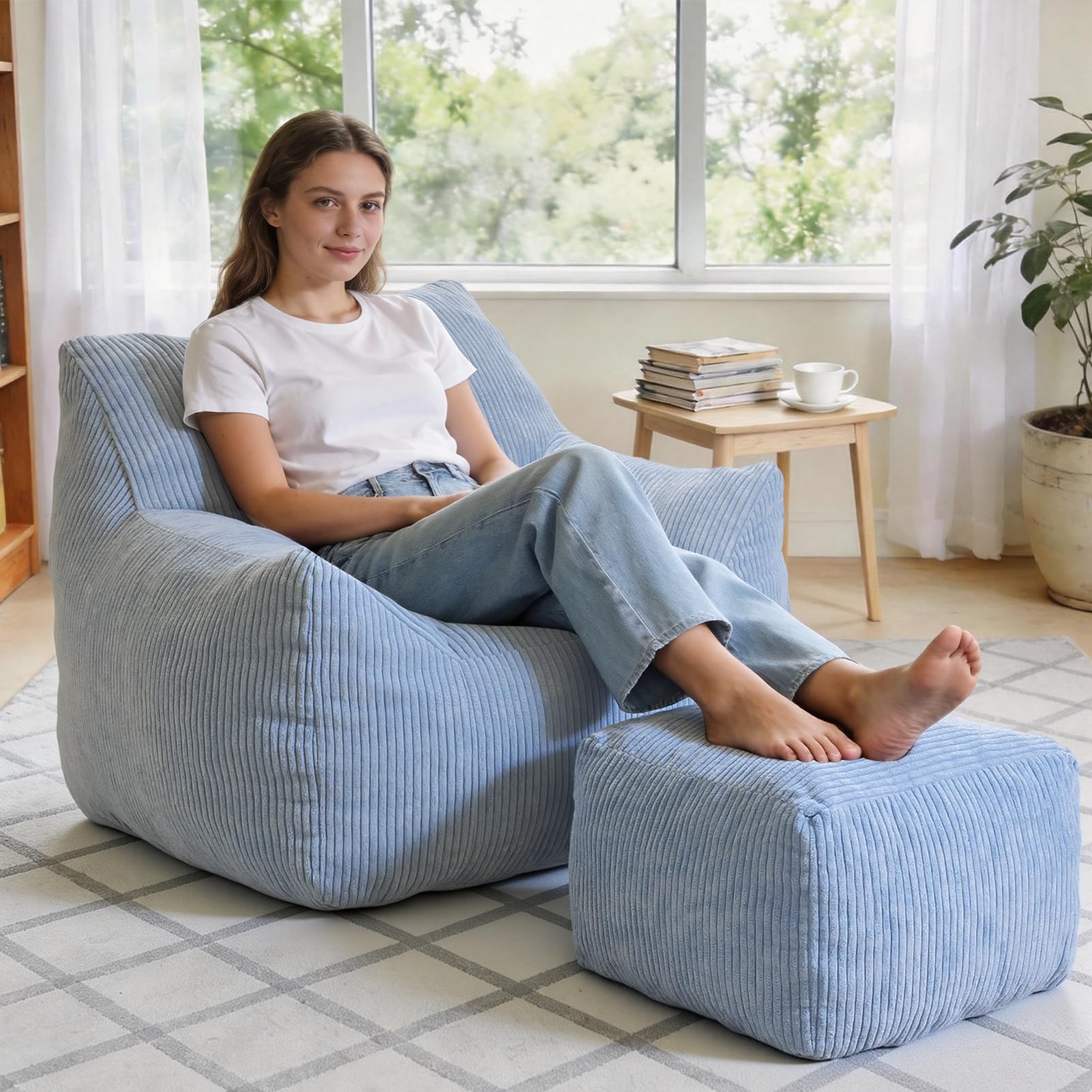 INMOZATA Bean Bag Chairs with Ottoman, 3FT Beanbag Chair for Teens or Adults Pre-Filled Fluffy Lazy Chairs Comfy Chair for Bedroom Dorm Living Room (