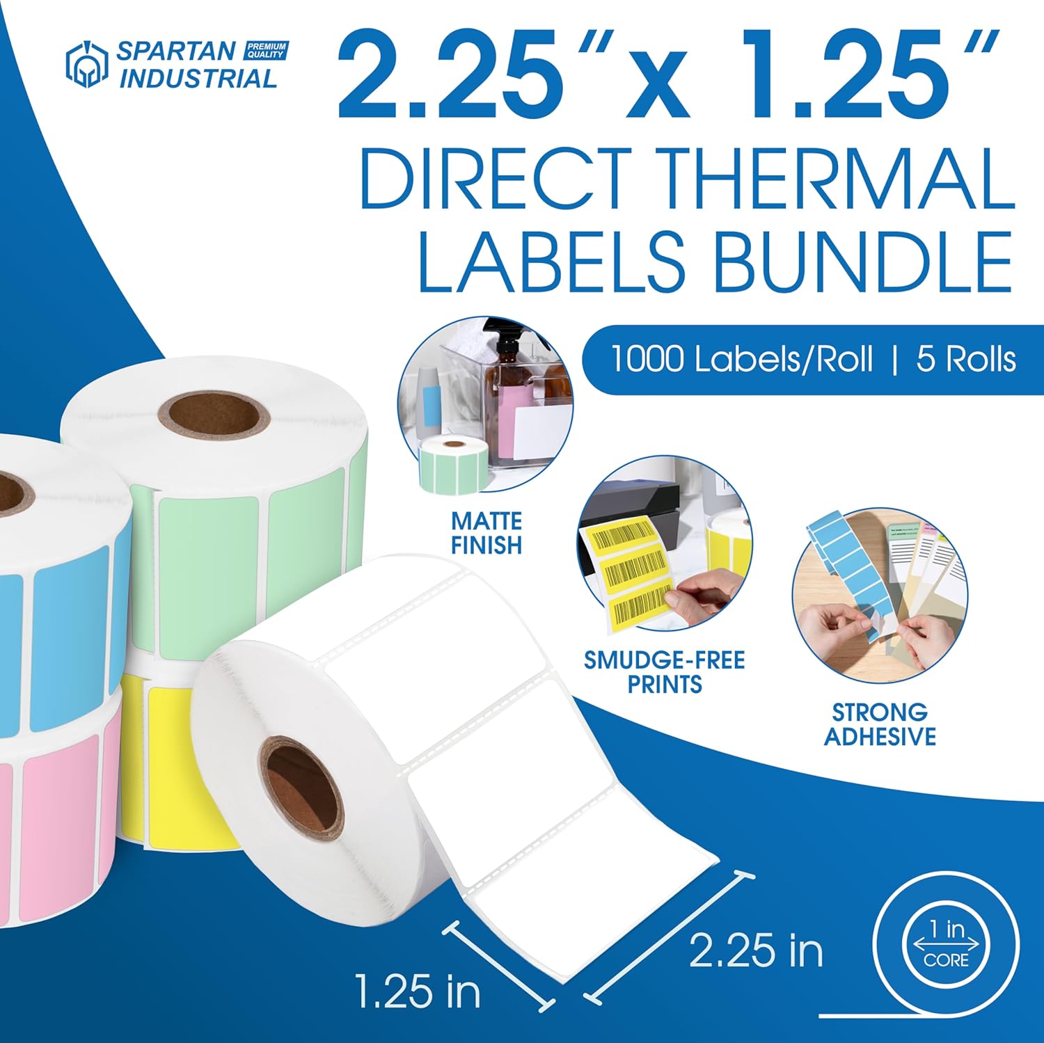 Spartan Industrial - 2.25" X 1.25" Direct Thermal Labels 5 Colors (5 Rolls, 1000/Roll) Perforated Barcode Address Stickers - Compatible with Rollo and Zebra Desktop Printers - Image 2