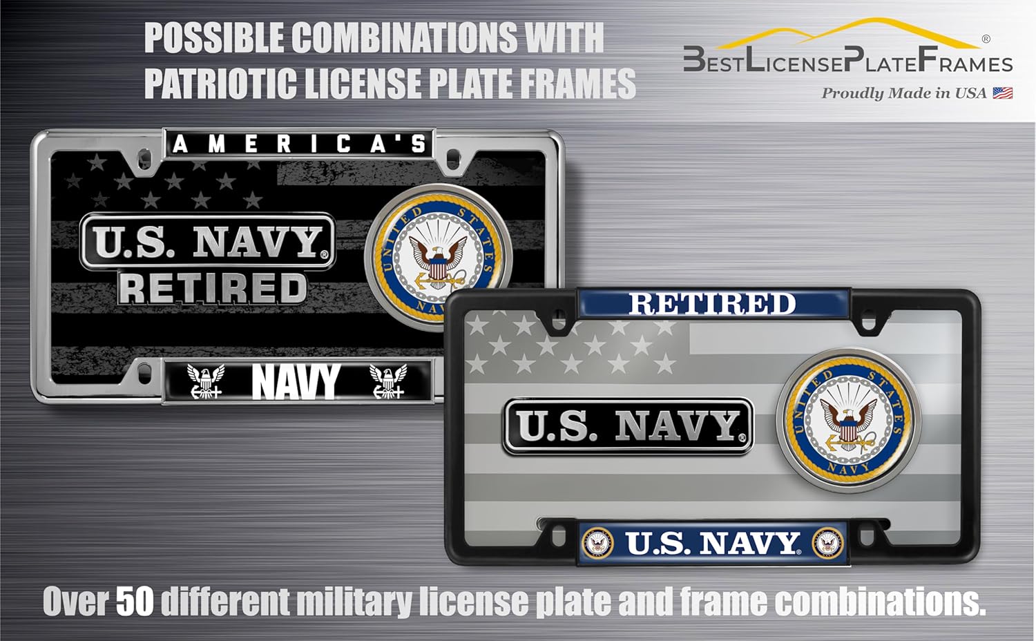 BestLicensePlateFrames - US Navy Retired 4-Hole Patriotic American Flag Black Stainless Steel License Plate with Emblem - Durable Military Tribute Auto Tag - Officially Licensed U.S. Navy Product