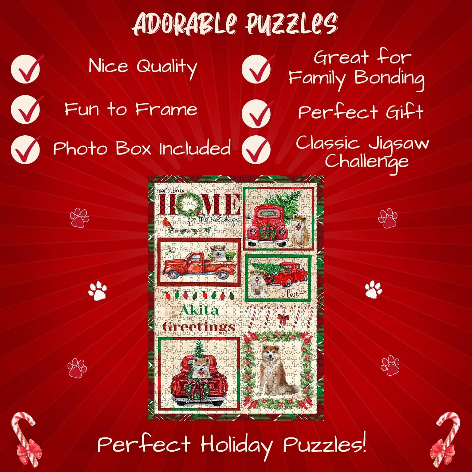 Welcome Home for Christmas Holidays Akita Dogs Jigsaw Puzzle for Adults - Animal Printed Interlocking Puzzle Game Artwork - Gift for Dog Lover's - 1000 Pcs 20"x30"