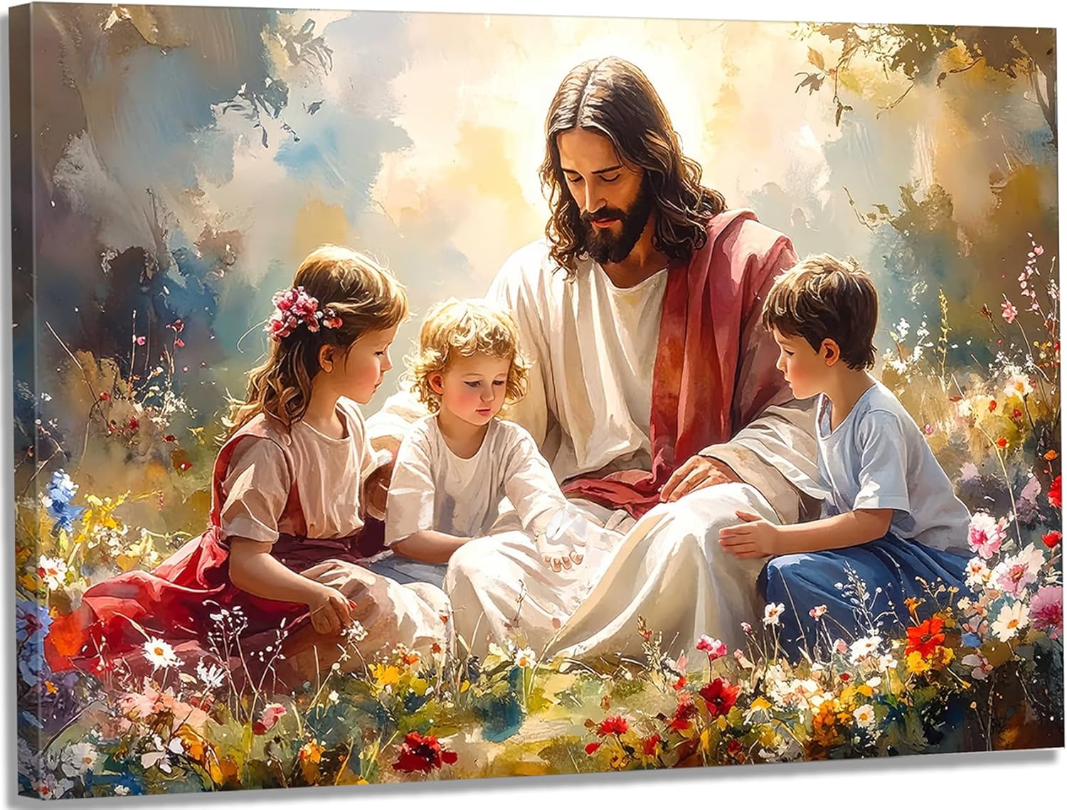 Jesus With Children Canvas Wall Art Wall Decor Jesus Teaching Child Poster Prints Christian Faith Picture Religious Watercolor Picture for Kids Room Bedroom Church 24X16in Framed