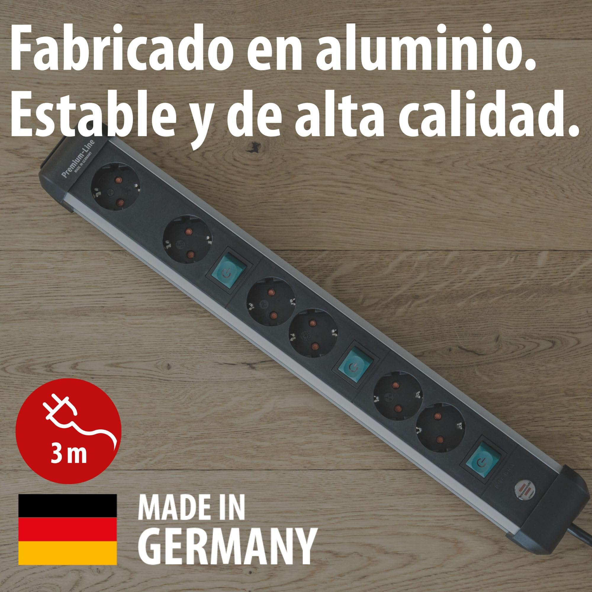 Brennenstuhl Premium-ALU-Line regleta enchufes con 6 Tomas/regleta de Aluminio con 3 interruptores Individuales (Cable de 3 m, 3X Interruptor Iluminado, Fabricado en Alemania)