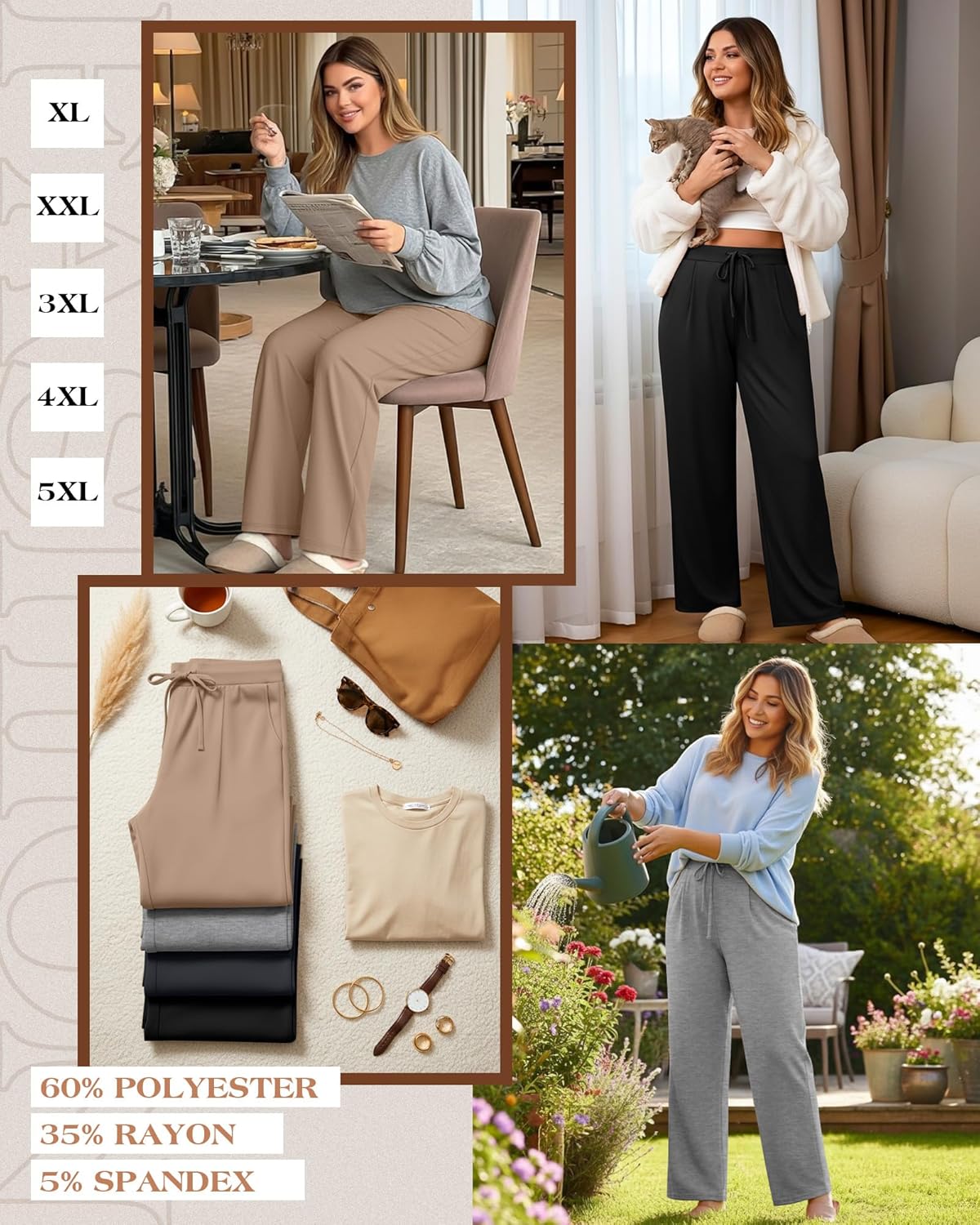 4 Pack Women's Plus Size Pants, Wide Leg Lounge Pants Drawstring Yoga Sweatpants Casual Workout Joggers with Pockets - Image 2