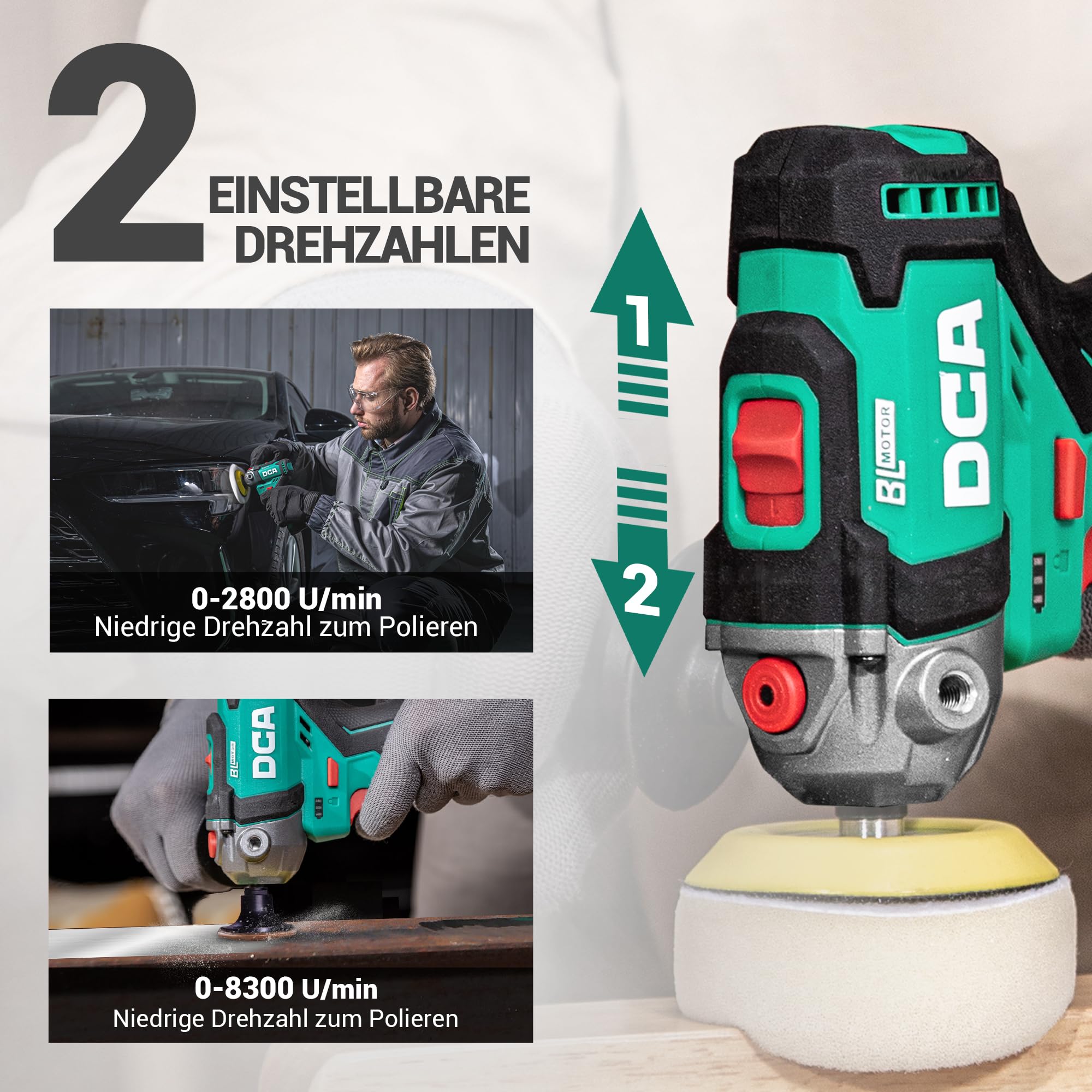 DCA Mini Poliermaschine Auto, 12V Akku Poliermaschine, 75mm Bürstenlose Auto Polierer und 50mm Schleifmaschine, 2x 2,0Ah Akkus, 2 Geschwindigkeit 2800-8300 U/min für die Autopflege Schleifen/Wachsen