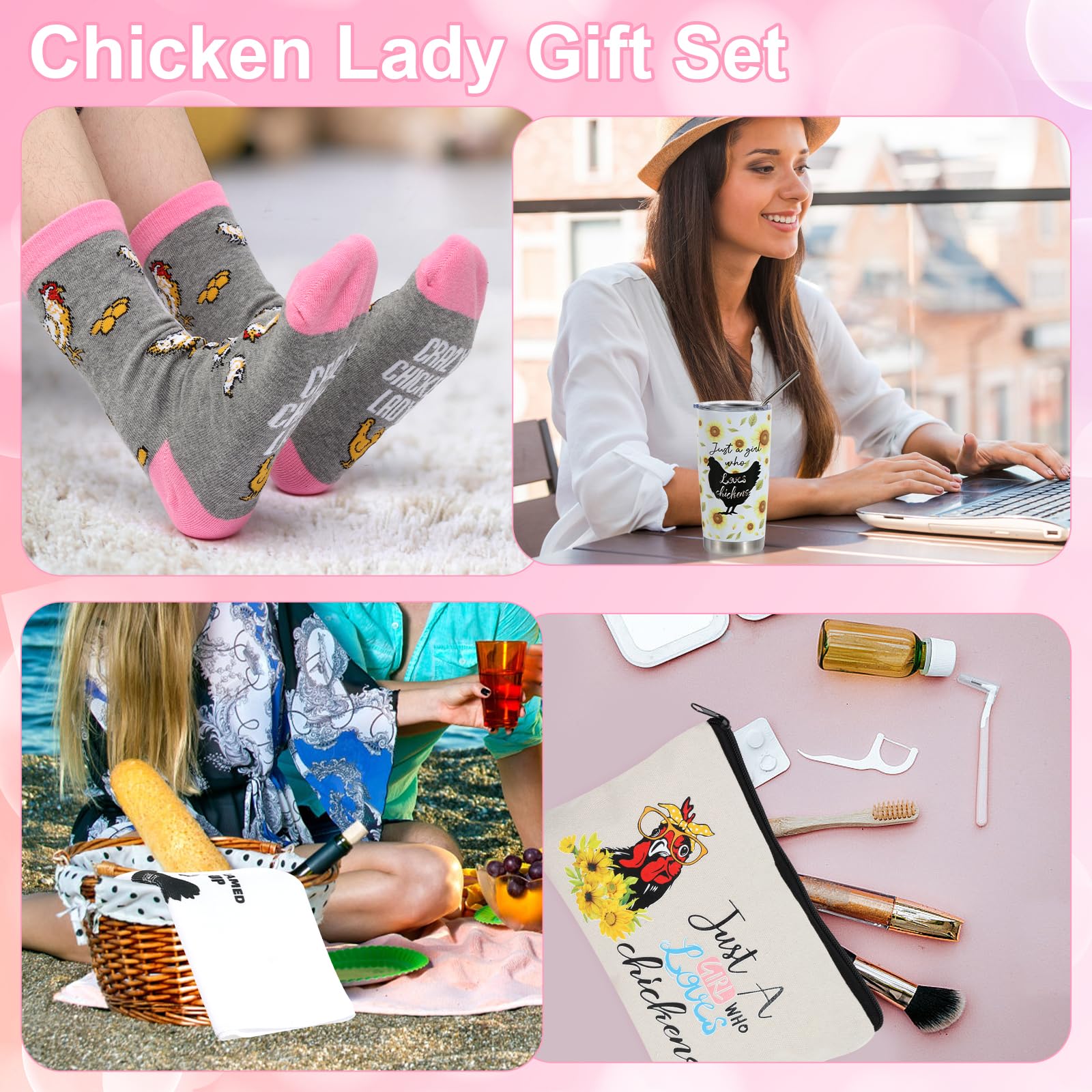 Kolewo4ever Chicken Lady Gifts Set Chicken Tumbler Cosmetic Bag Kitchen Towel Keychain Earrings Socks Charm Bracelet Notepad