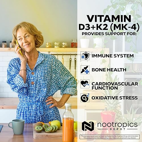 Miniatura 4 de Nootropics Depot Vitamina D3 + K2 con tabletas de vitamina C  365 unidades  Colecalciferol + Menaquinona-4 (MK-4)  Salud del estado de ánimo y los