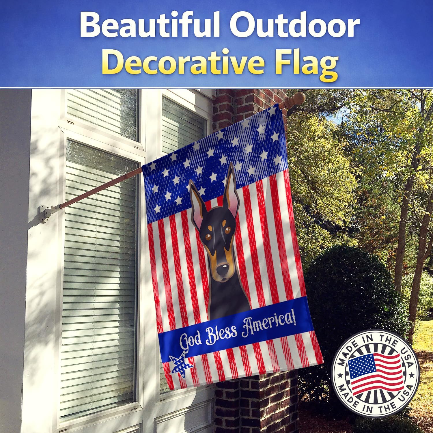 Caroline's Treasures BB2175CHF American Flag and Doberman House Flag Large Porch Sleeve Pole Decorative Outside Yard Banner Artwork Wall Hanging, Polyester, House Size, Multicolor