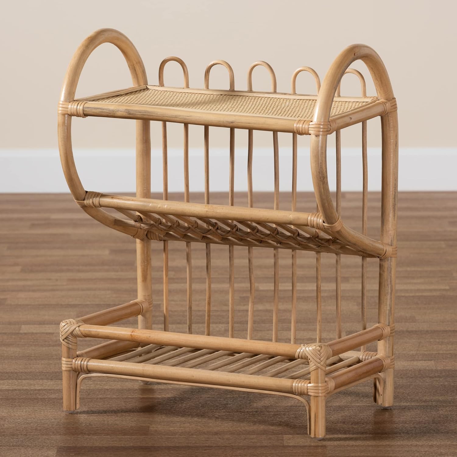 bali & pari Liora Modern Bohemian Natural Rattan 2-Tier Display Shelf