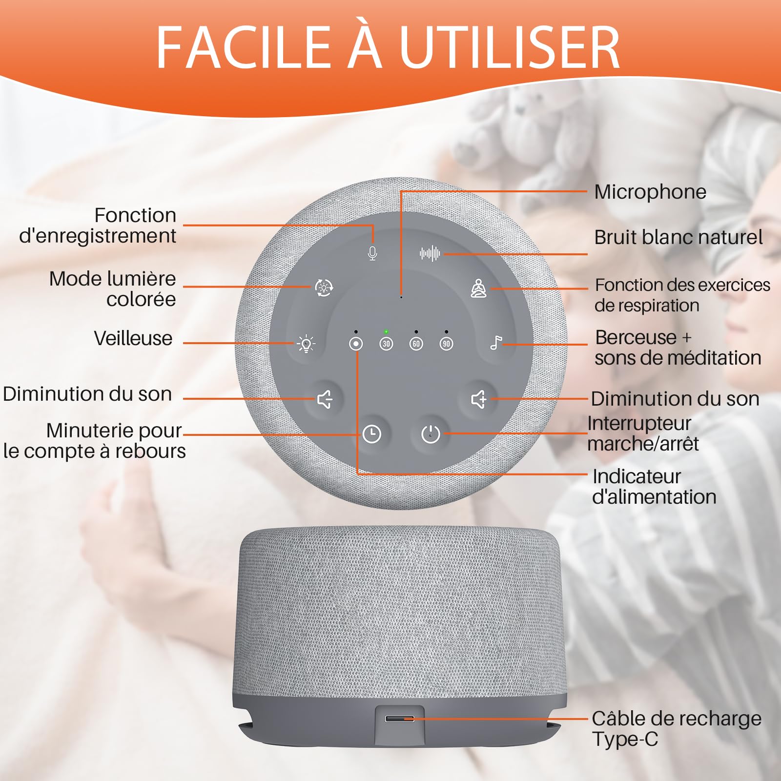 FUNYKICH Machine à Bruit Blanc pour Sommeil Profond, 30 Sons Relaxants, Lumière 7 Couleurs et Minuterie, Idéal Adultes et Bébés Entraînement Respiratoire (Gris)