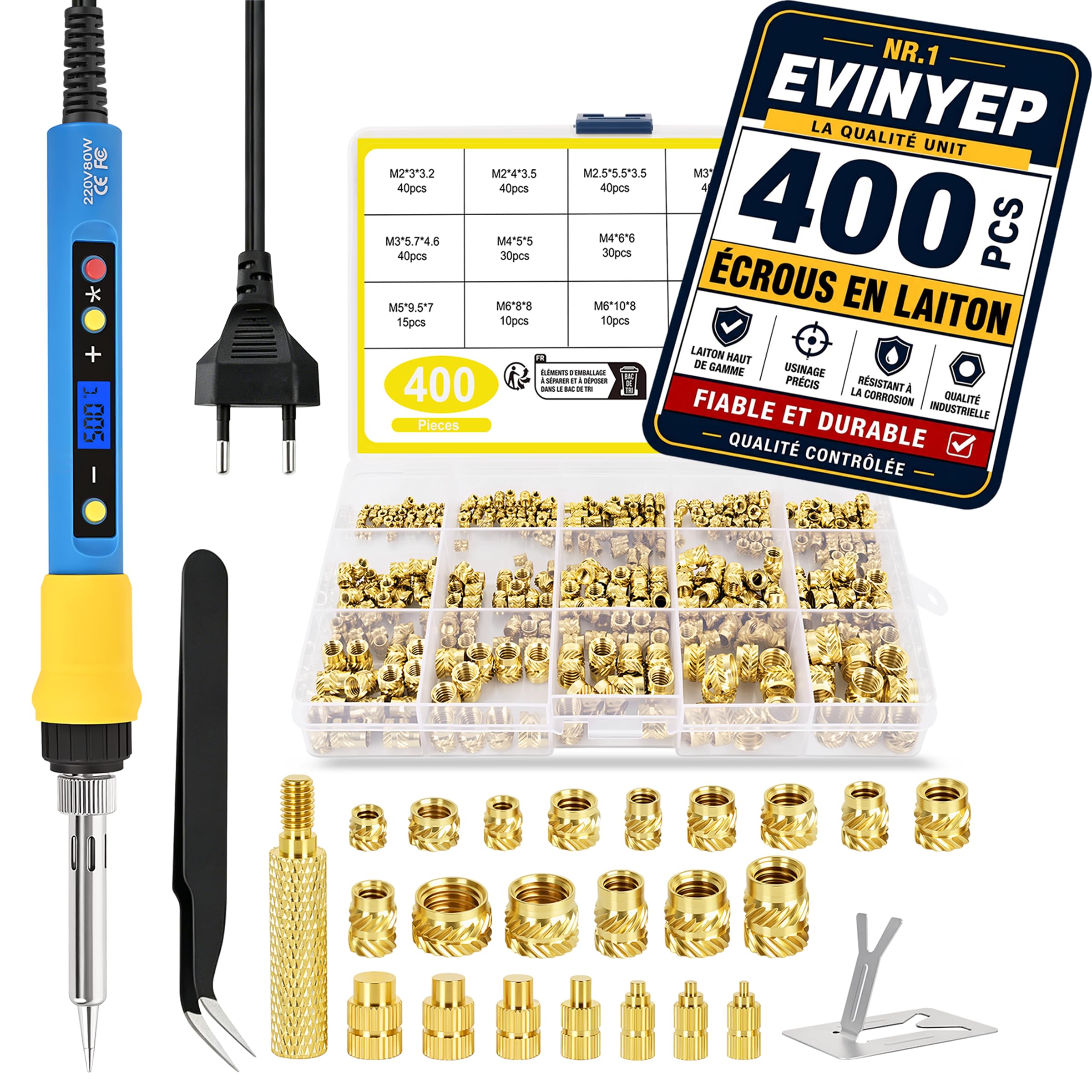 Inserts Filetés 400 pcs et Fer à Souder 80W, Température Réglable 180–500°C, 7 Pannes, M2/M2.5/M3/M4/M5/M6/M8 pour Impression 3D et Plastique