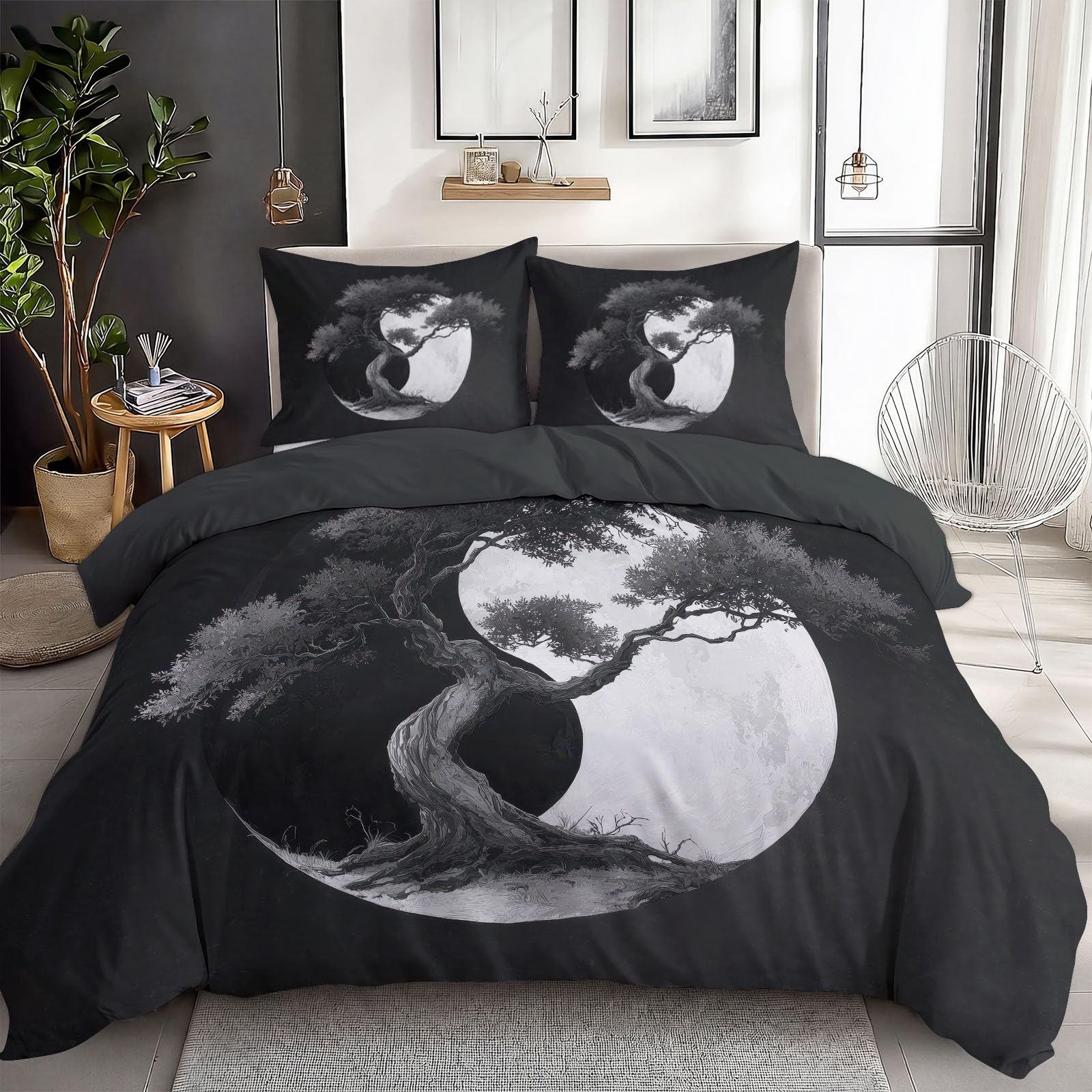 Parure de lit 160x200 cm Yin Yang housse de couette noire en encre fantastique avec taies d'oreiller