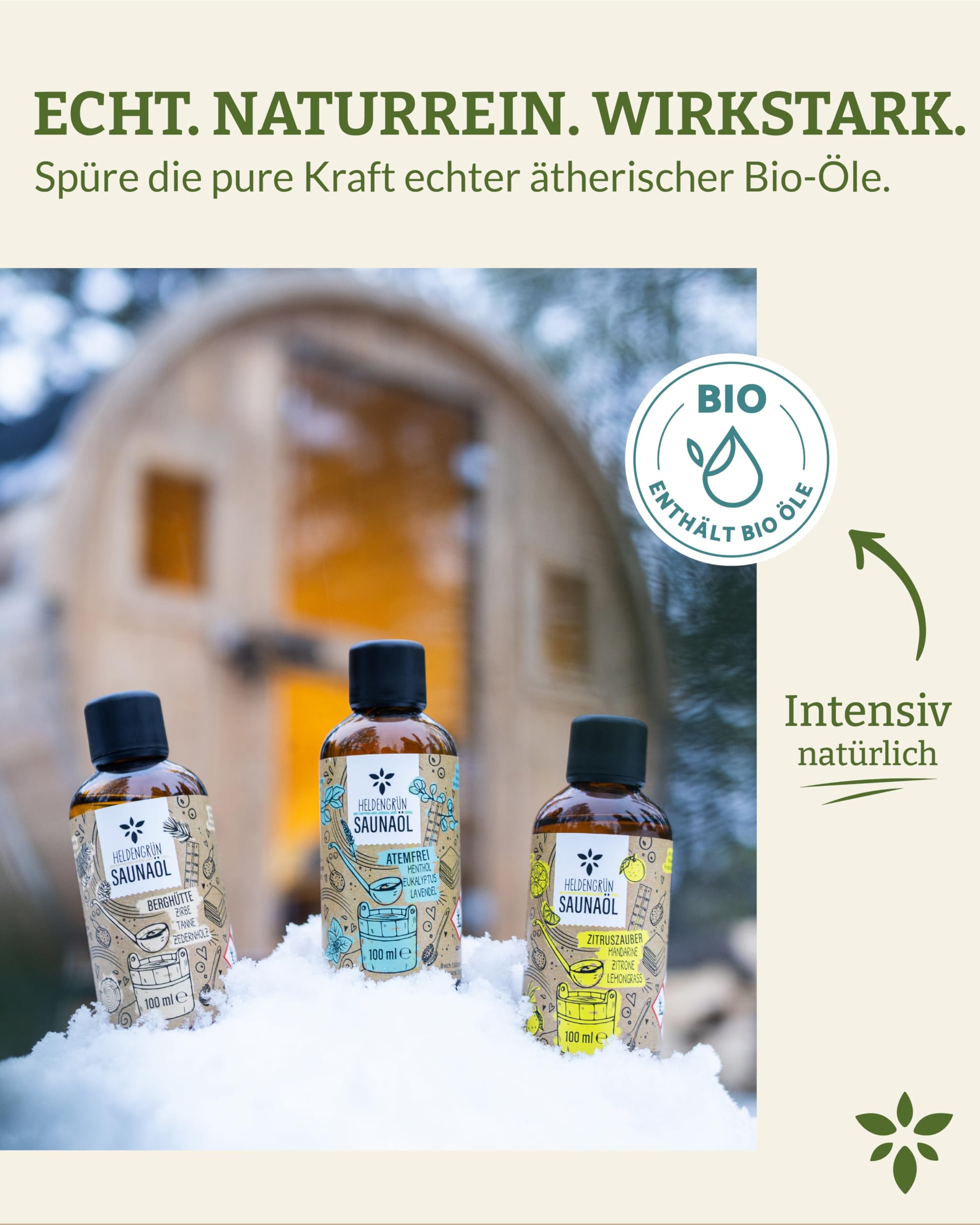 Heldengrün BIO Saunaaufguss Set 3er Duftmix mit ätherischen Bio-Ölen 60 Anwendungen Sauna Konzentrat