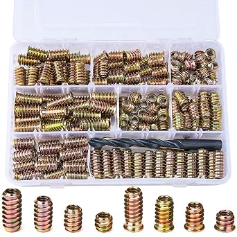 200 Pcs 1/4"-20 Wood Bolt Inserts Metal Nut Inserts - Hex Socket Drive Threaded Screws Fastener Connector for Furniture Replacement Parts - Carbon Steel - Mixed Set