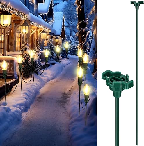 Gisafai Estacas de luz de metal de Navidad de 15 pulgadas, 12 estacas universales de luz verde al aire libre para enchufes de luz C9 o C7, estacas
