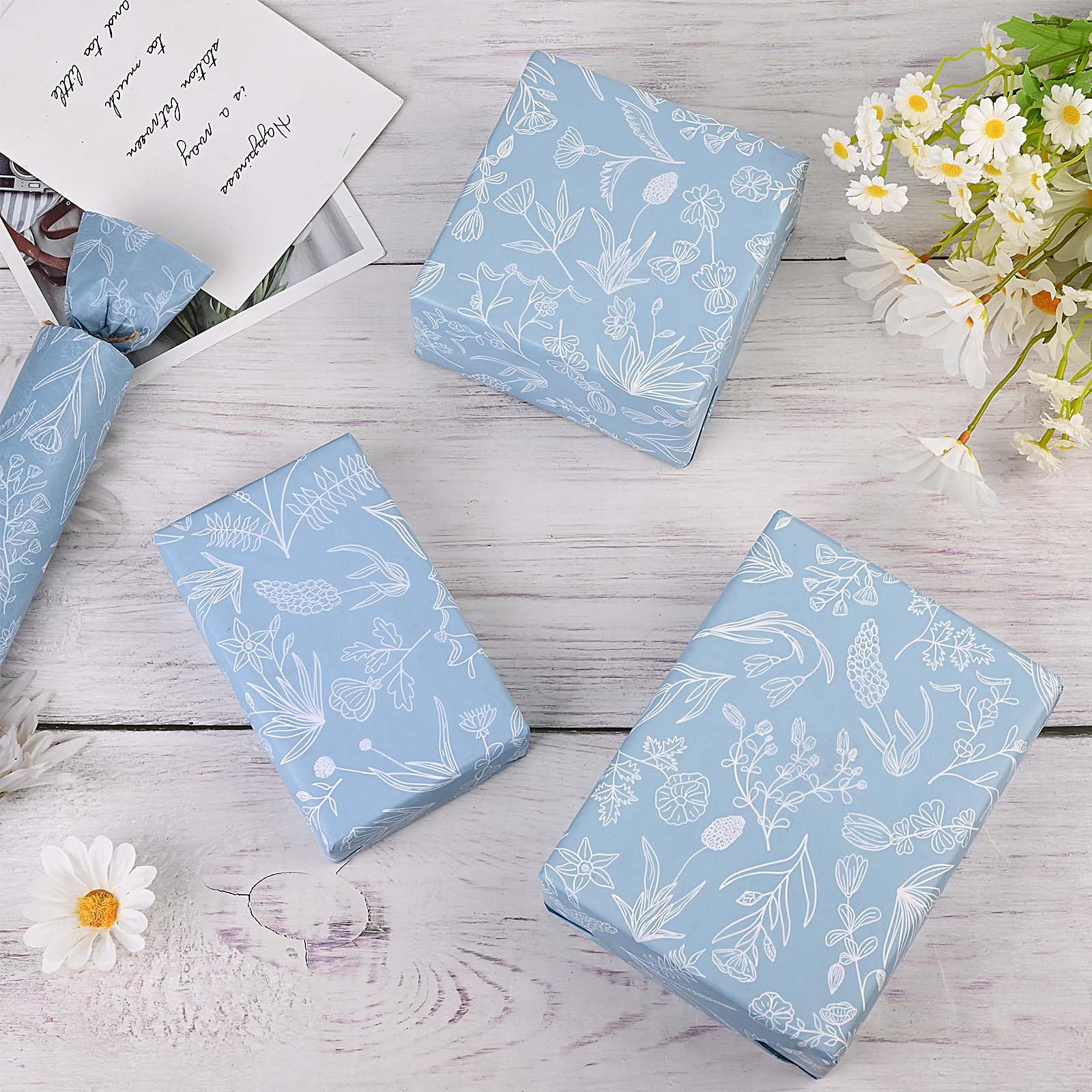 Lot de 100 feuilles de papier de soie à imprimé floral bleu poudré pour emballage cadeau, sac cadeau, décoration botanique, pour mariage, fête prénatale, loisirs créatifs