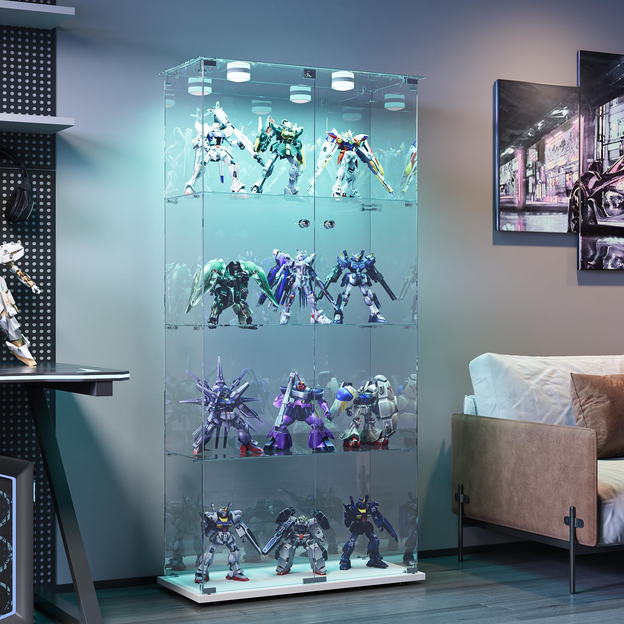 Vitrina de cristal con LED, vitrina de cristal con 4 estantes y 2 puertas, vitrina de vitrina expositora de columna, vitrina de vidrio transparente, vitrina expositiva de vidrio, blanco