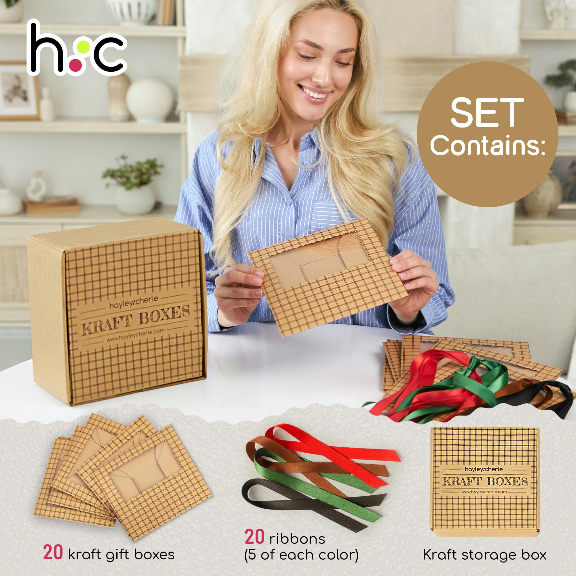 Lot de 20 boîtes à biscuits en papier kraft marron avec rubans et fenêtre - 21,1 x 15,2 x 7,1 cm - Boîtes cadeaux de boulangerie en carton de qualité alimentaire pour offrir des cadeaux, des