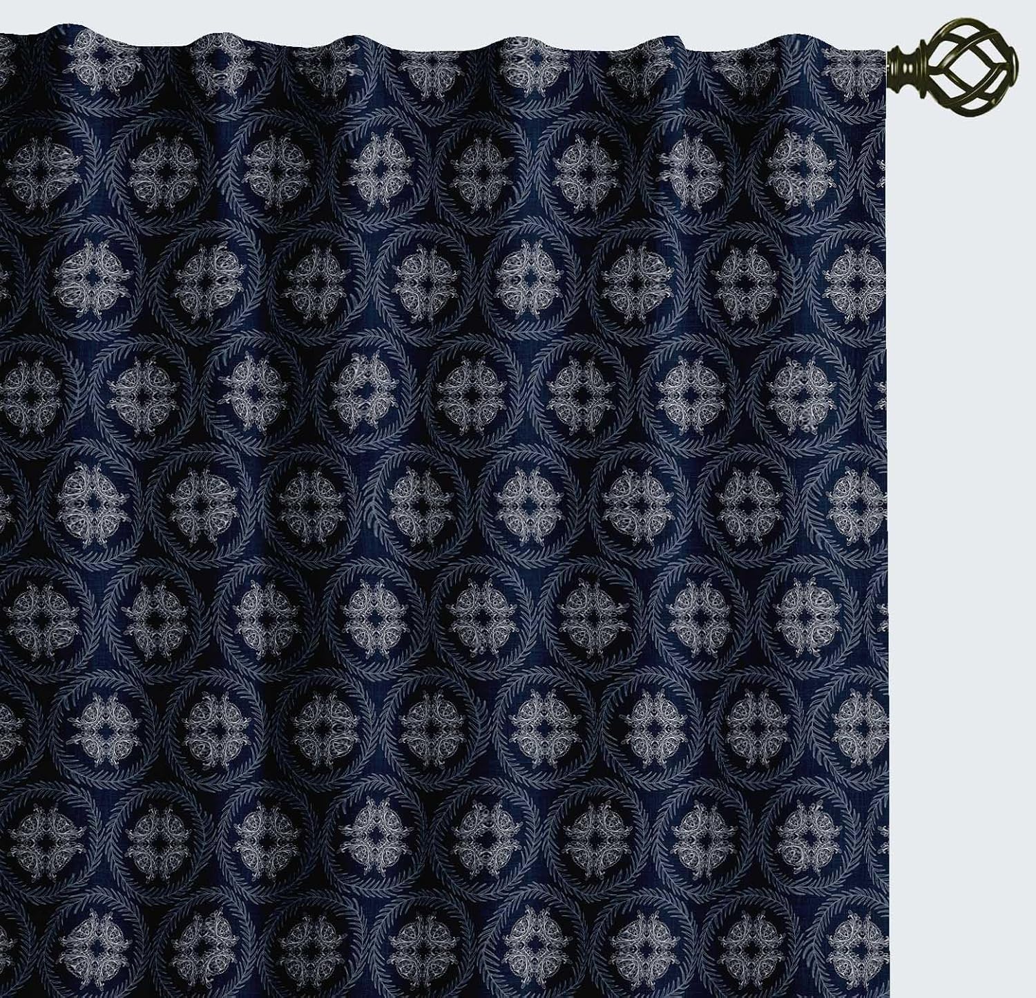 Cotton Curtains for Windows - 3-in-1 Rod Pocket/Back Tab Short Window Drapes - Light Filtering Cotton Canvas Panels - Set of 2, 52"x63" - Block Print (Blue)