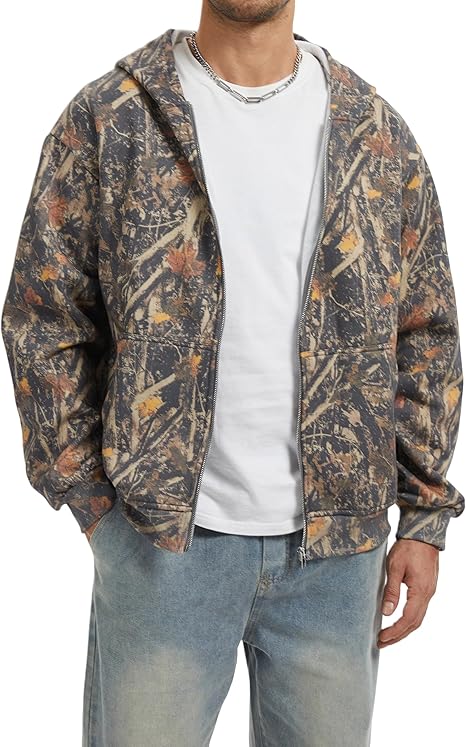 Camo Zip up Hoodie Men Full-Zip Fleece Hoodies Oversized Hooded Sweatshirts Maple Leaf Print Long Sleeve Sweatshirt