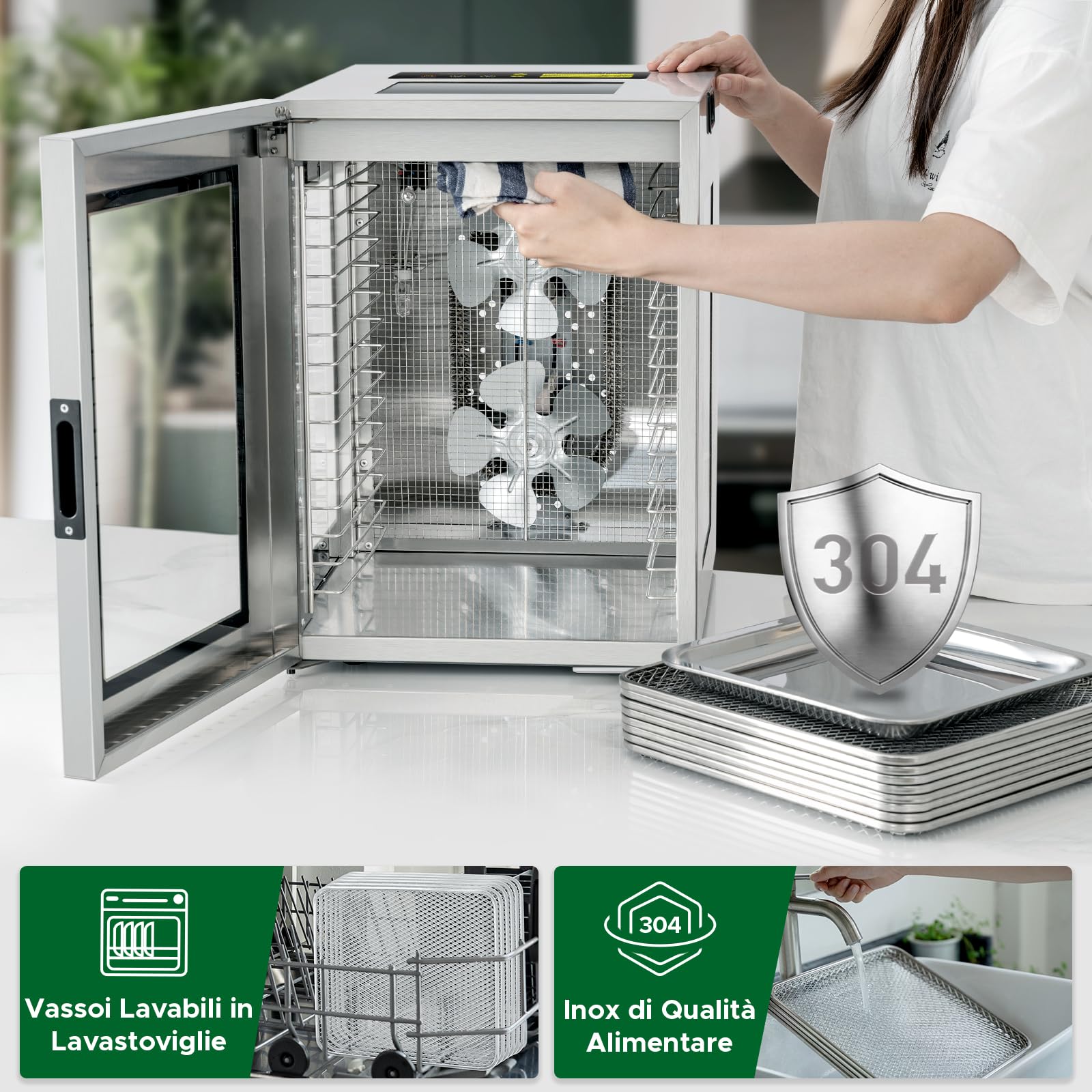 Kwasyo Essiccatore Alimenti 15 Vassoi Inox, 1200W Doppia Ventola, per Carne, Frutta, Snack Cani, Erbe, Temp. Regolabile 90°C, Timer 24H, Finestre Multiple, Essiccazione Potente