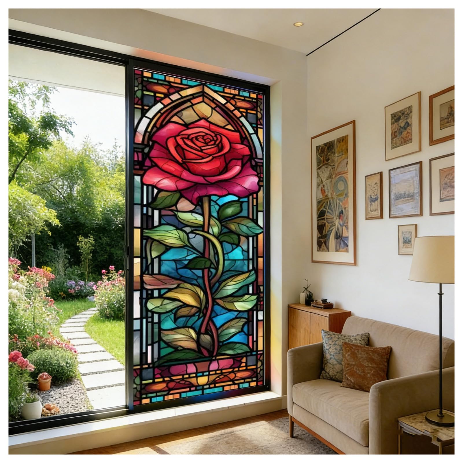 Wiederverwendbare Retro Fenster Sichtschutzfolie mit Buntglas Aufkleber im Gotik Stil Motiv die rote Rose statisch haftend Dekor für Fenster und Türen im Homeoffice,Color 9,60x100cm