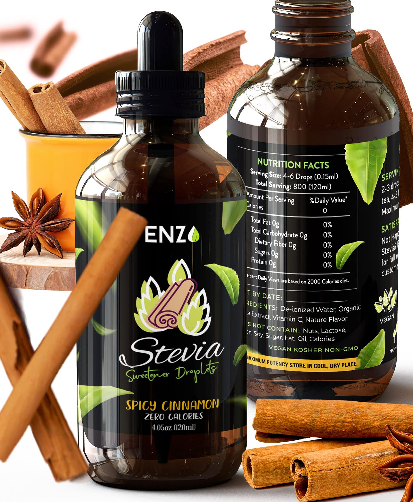 Enzo Liquid Stevia Drops Our Zero Calories Sweetener (4oz - 800 Servings/Bottle) - Cinnamon - All Natural flavoring with No Artificial Additives & Filler Ingredient Cinnamon 4 Fl Oz (Pack of 1)