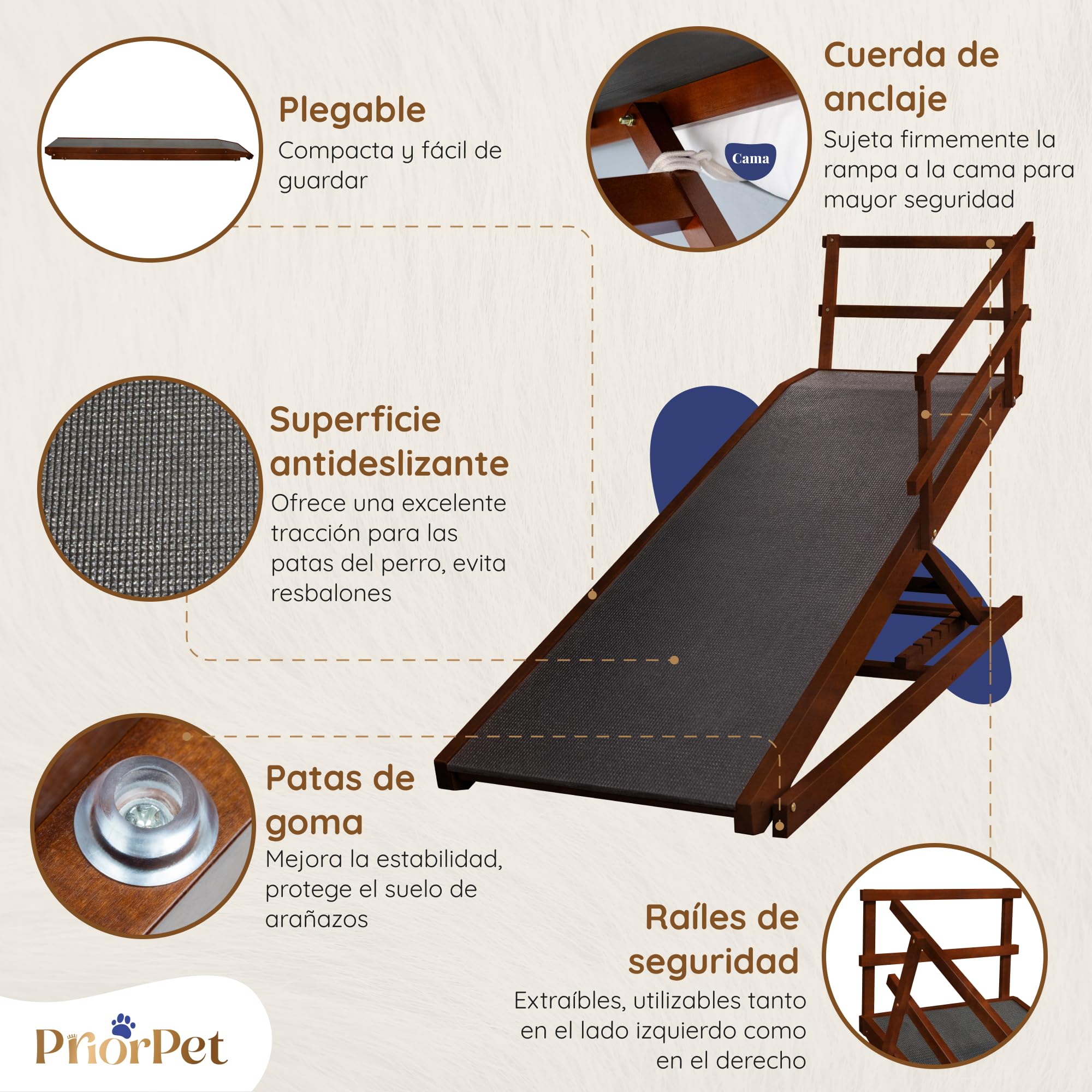 Rampa para Perros Cama con Rieles de Seguridad para Perros Grandes – para Camas Altas de hasta 94,5 cm – Soporta hasta 90 kg – Ancho 49,5 cm – Plegable, Antideslizante – Madera de Abedul – Nuez