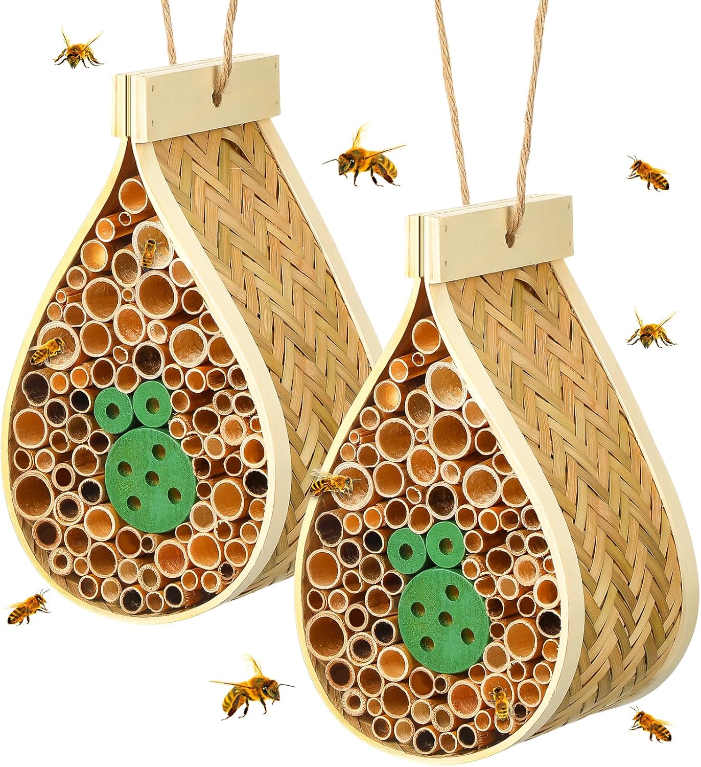 DoubleFill 2 Pcs Mason Bee House Hanging Bee Hives Wild Pollinator Bamboo Mason Bee Habitat Hotel with Tubes Beekeeping Supplies for Enhance Garden Productivity(Water Drop)