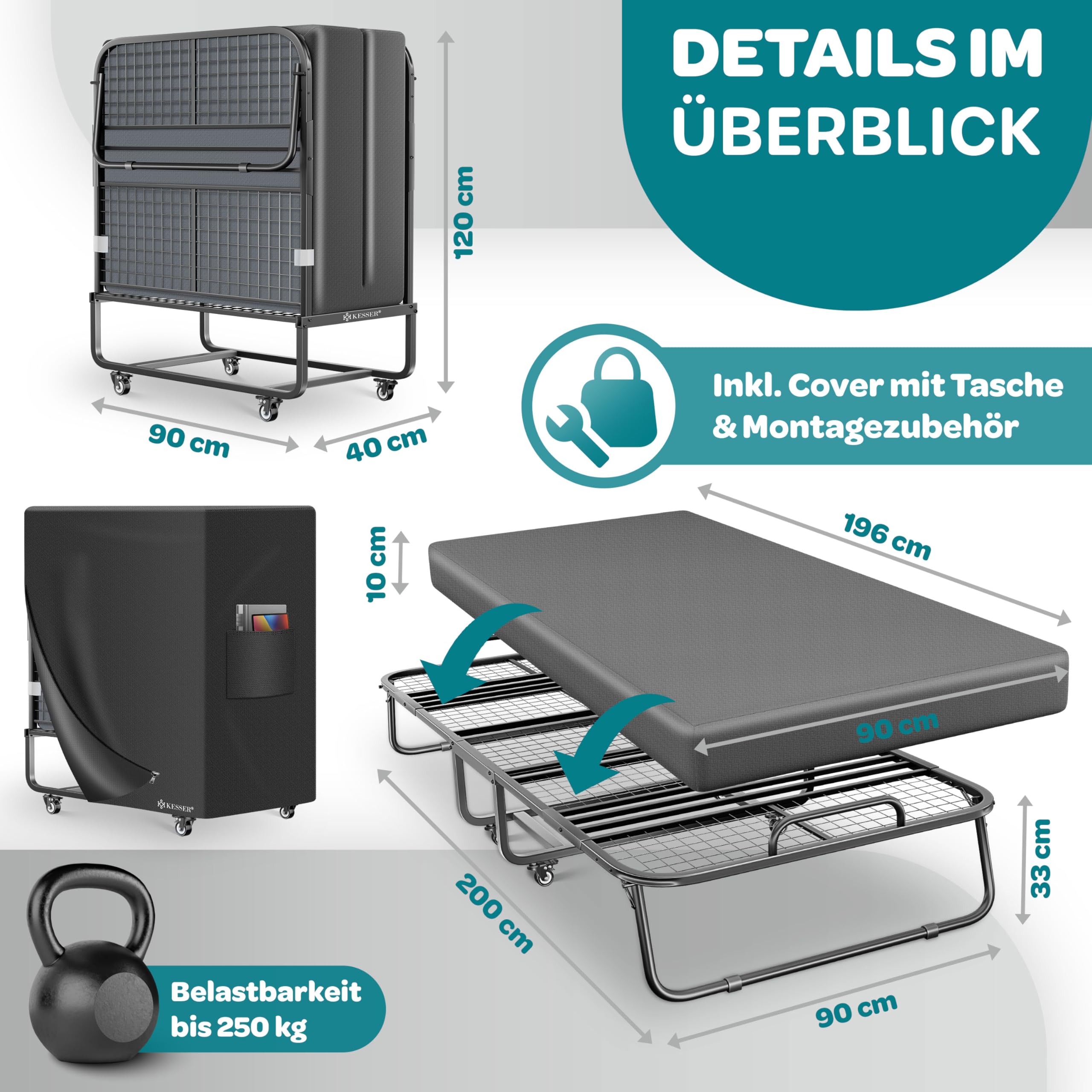 KESSER® Klappbett 200x90cm Gästebett inkl. Matratze aus Memory-Schaum & Rollen | faltbares Reisebett mit Metallrahmen für Erwachsene belastbar bis 250kg | Metallbett mit Schaumstoffmatratze & Cover