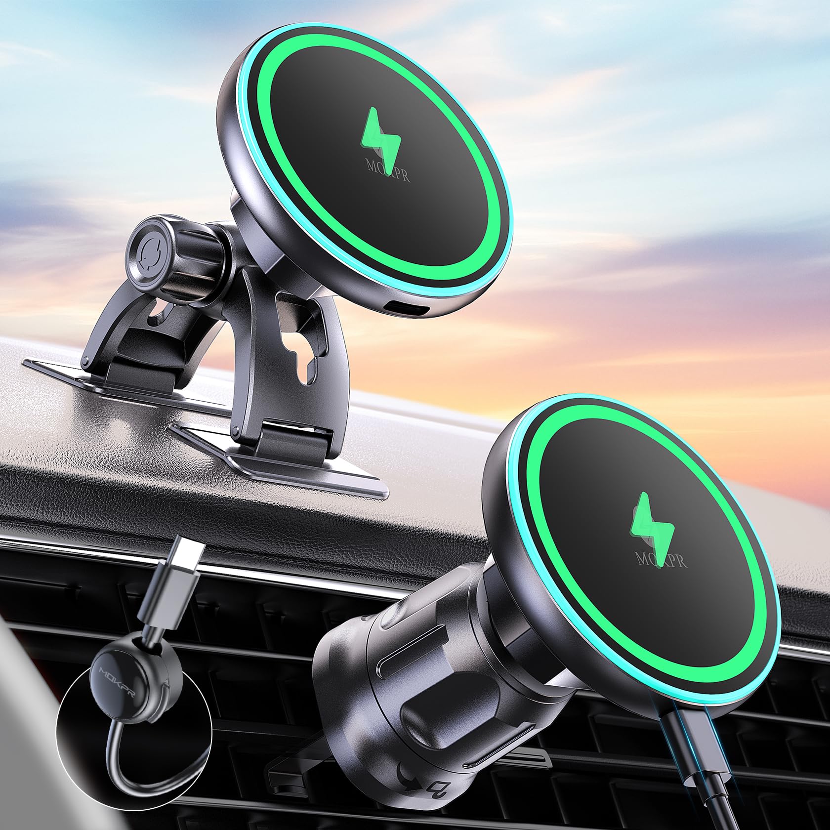 MOKPR for Magsafe Car Mount Charger, 15W for Magsafe Car Charger Charger Magnetic Car Phone Holder for Dashboard & Vent for iPhone 17 16 15 14 13 12 Series&MagSafe Case (Dark Black) - 1