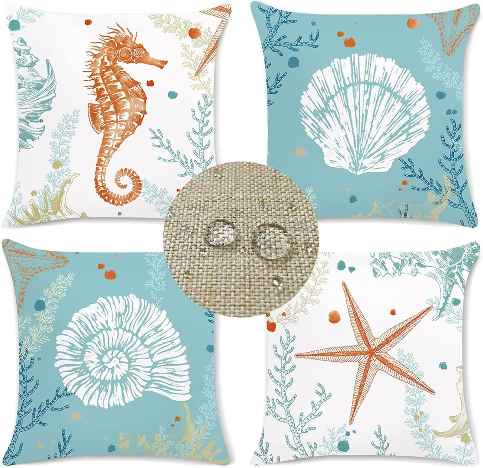 Juego de 4 Fundas de Cojín Impermeable Exterior Vida Marina 70x70cm Doble cara Funda de Almohada Cuadrada Decorativa de Lino Azul cielo, con Cremallera Invisible para Sofá Mueble Decor Cushions K-3282