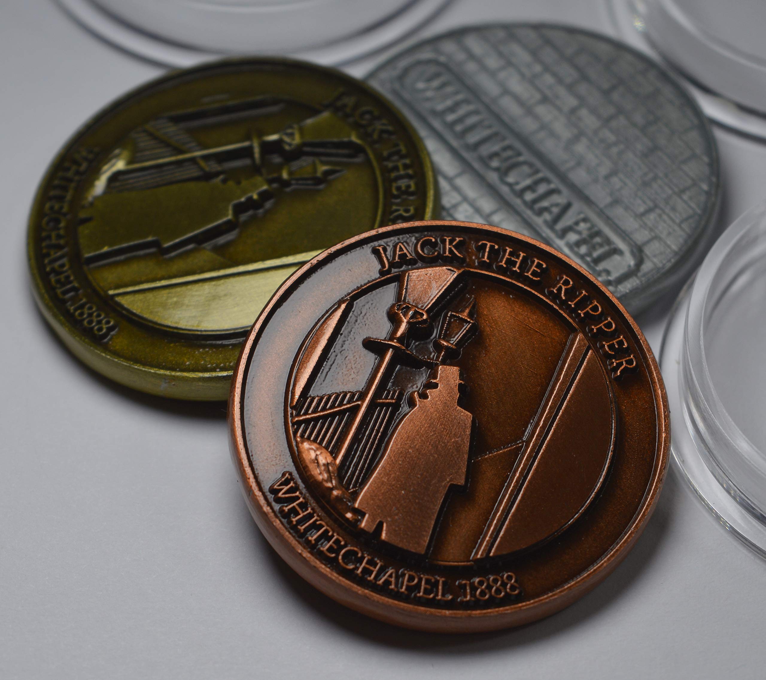 The Commemorative Coin Company Trio of JACK THE RIPPER Coin/Commemoratives in Capsule. Antique Gold, Silver and Copper, High Relief, Carved/Hobo. Whitechapel, London, Victorian, 1888