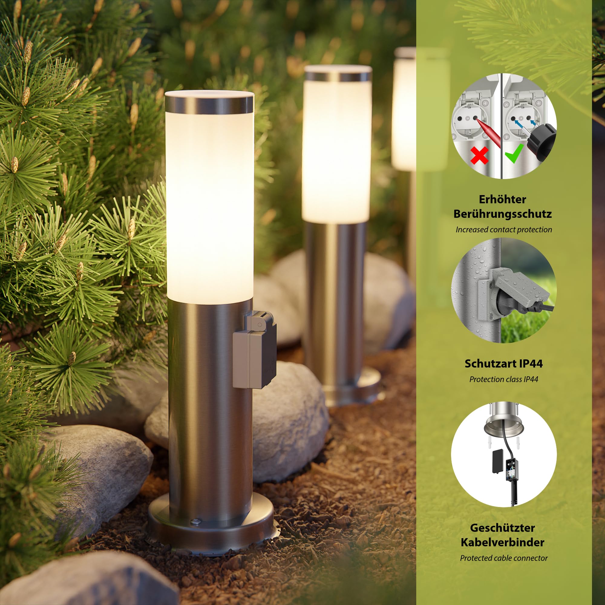 ledscom.de 2 szt. lampy ogrodowe/słupkowe PORU do zastosowań zewnętrznych, IP44, 39 cm, stal nierdzewna, 1x E27 maks. 40 W, gniazdko